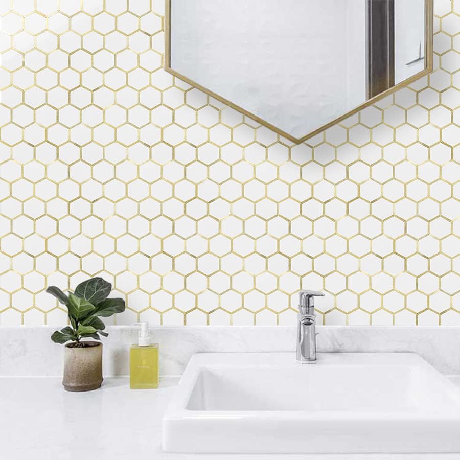 DICOFUN 10-Sheet Hexagon Peel and Stick Backsplash Tile, Polished White Tile - Image 3