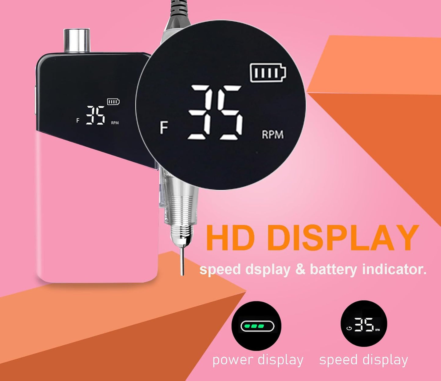 Professional Cordless Nail Drill Machine - Rechargeable Electric Nail File, 35,000 RPM Efile for Acrylic Gel Nails, Pedicure & Manicure Tools with LCD Screen, 13 Drill Bits (Pink)