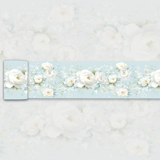 3D Floral Wallpaper Border White Peony Peel and Stick Light Blue Wall Border by WEISENI