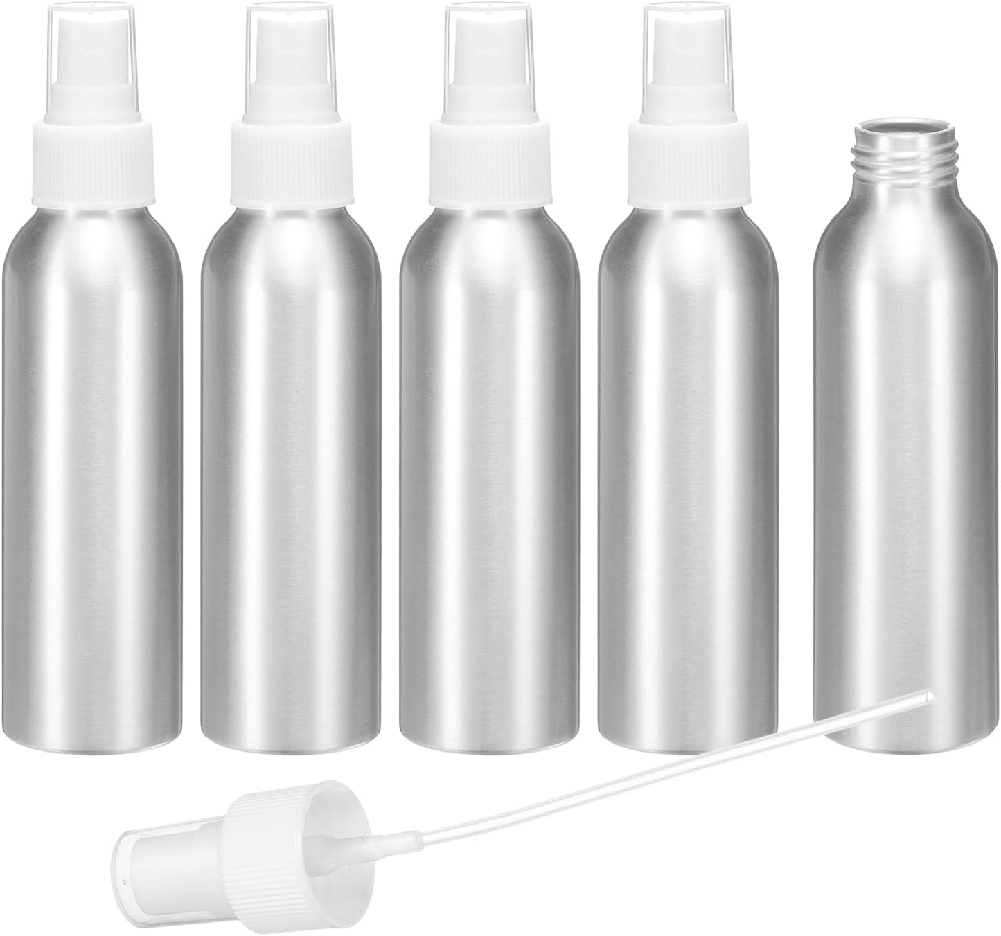 HARFINGTON 5pcs Aluminum Fine Mist Spray Bottles 120ml/4oz Metal Small Liquid Alcohol Refillable Travel Container with White Plastic Nozzle Cap for Perfume Skincare Cosmetic Storage Bottle