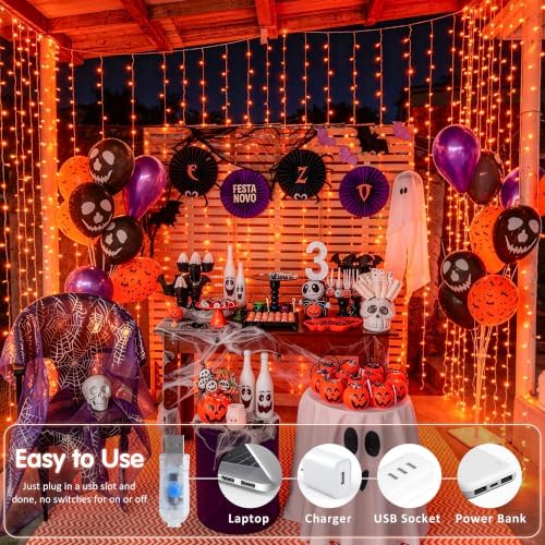 JMEXSUSS Orange Curtain Lights for Halloween, USB Plug in, 200 LED - Image 4