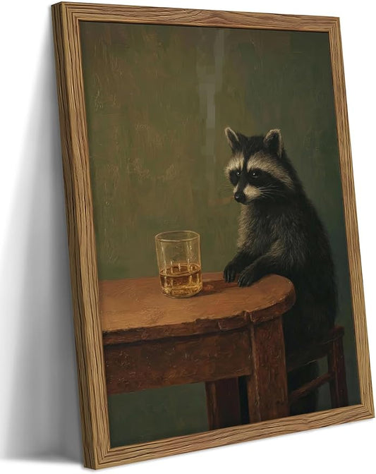 Framed Vintage Raccoon Wall Art, Funny Animal Canvas Wall Decor Paintings by Unknown