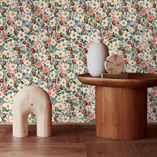 MuralPeel Vintage White Red Green Wildflower Straberry Flowers Peel and Stick - Image 3
