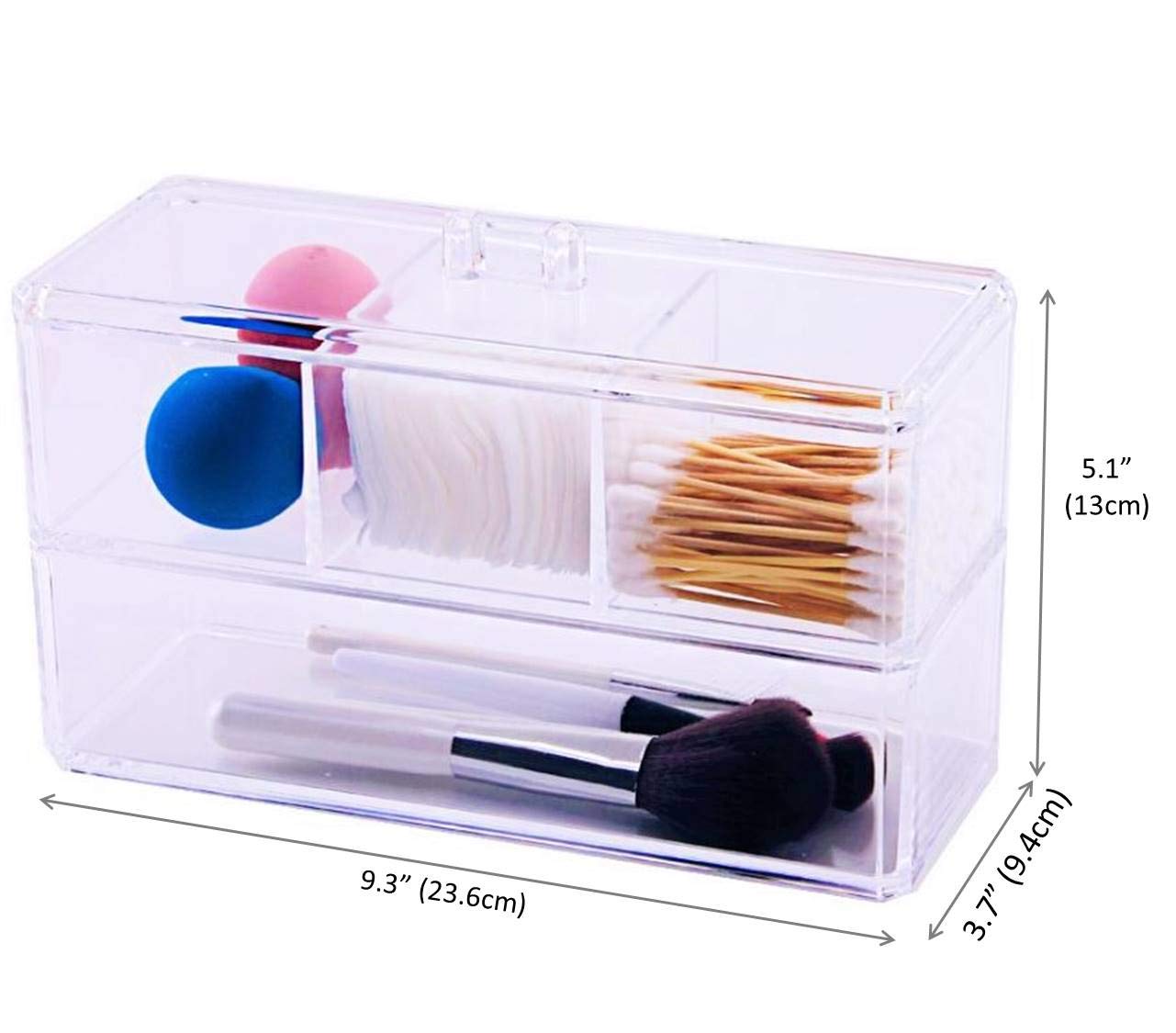 Square Acrylic Cotton Ball Pads Gauze Swab Holder Organizer Q-tip Dispenser Storage Canister Bathroom Container Flossers Box Case (9.3x3.7x5.1 in, 2 Tiers, 4 Partitions, Transparent)
