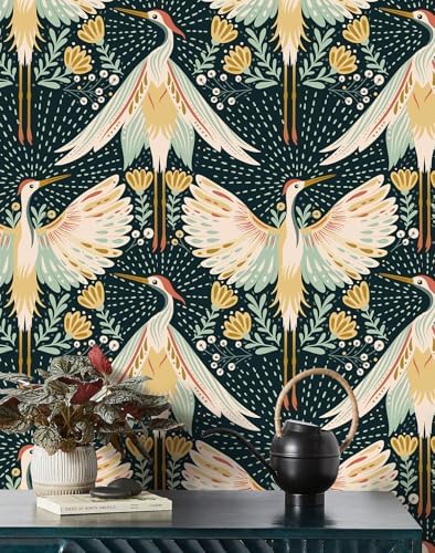 HAOKHOME Crane Bird Wallpaper Peel and Stick Navy Boho Chinoiserie Japanese - Image 4