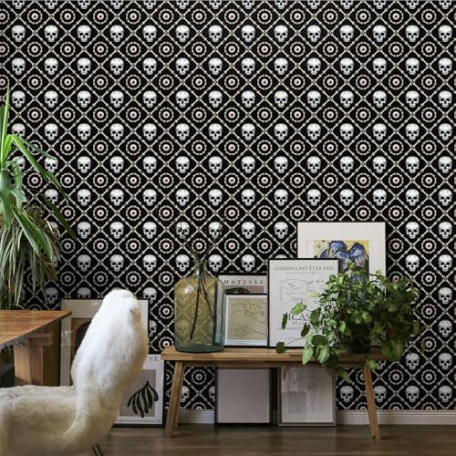 FLFK Peel and Stick Wallpaper Skull and Eyeballs Black Wallpaper 16" x 256" - Image 2