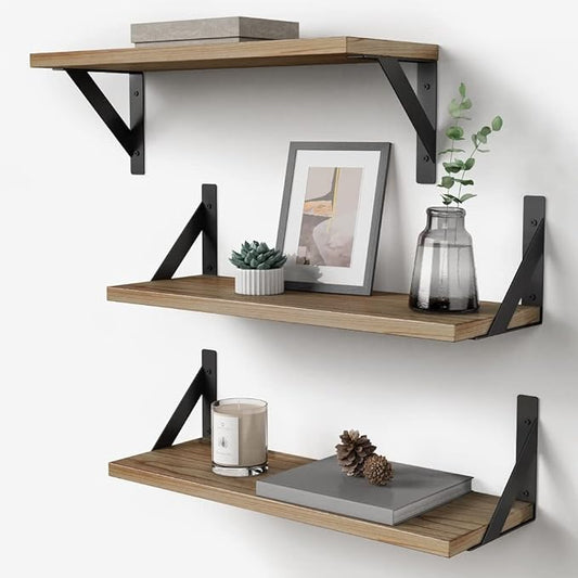 Floating Shelves with Black Metal Brackets Set of 3, Light Wood Wall Bookshelf by Forbena