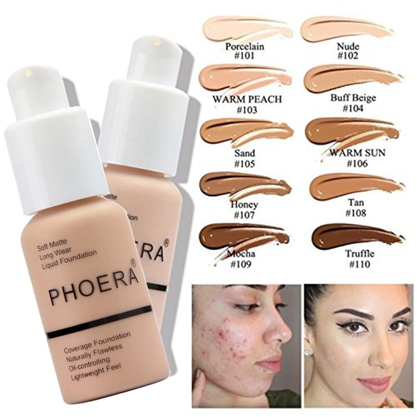 PHOERA Foundation, PHOERA Matte Liquid Foundation,PHOERA Makeup for Women, PHOERA Foundation Full Coverage Concealer, 30ml 24HR Matte Oil Control Concealer (102+104/ Nude+Buff Beige)