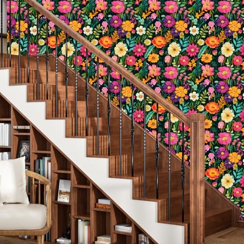 BOKEBEVE Floral Wallpaper Peel and Stick Boho Green Colorful 17.5 x 78.5In - Image 2