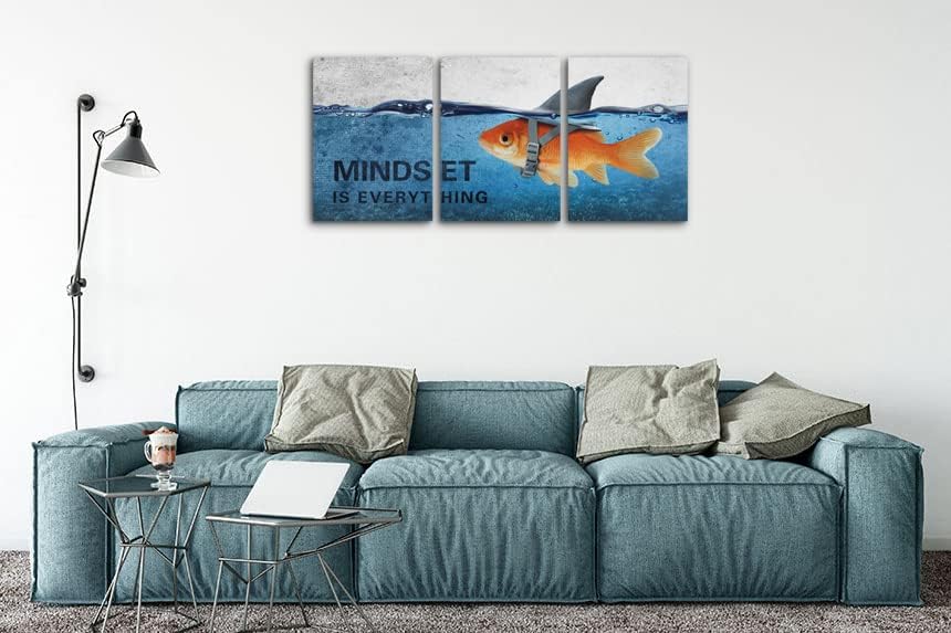 3 Panels Modern Framed Inspirational Canvas Wall Art Goldfish Body Strong Shark - Image 2
