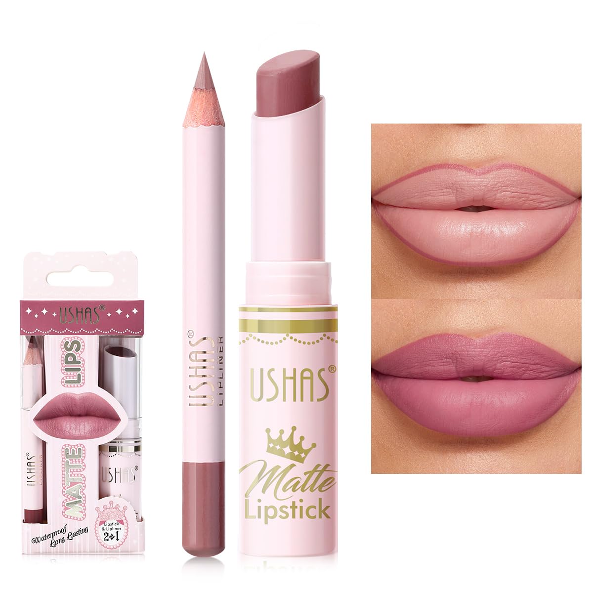 USHAS Lipstick and Lip Liner Combo Set 2 in 1 Waterproof Lipstick for Women Lip liner Set Long Lasting Lipstick, Matte Lipstick Pen with Lip Liner Set Makeup Kits (S10, Pack of 1)