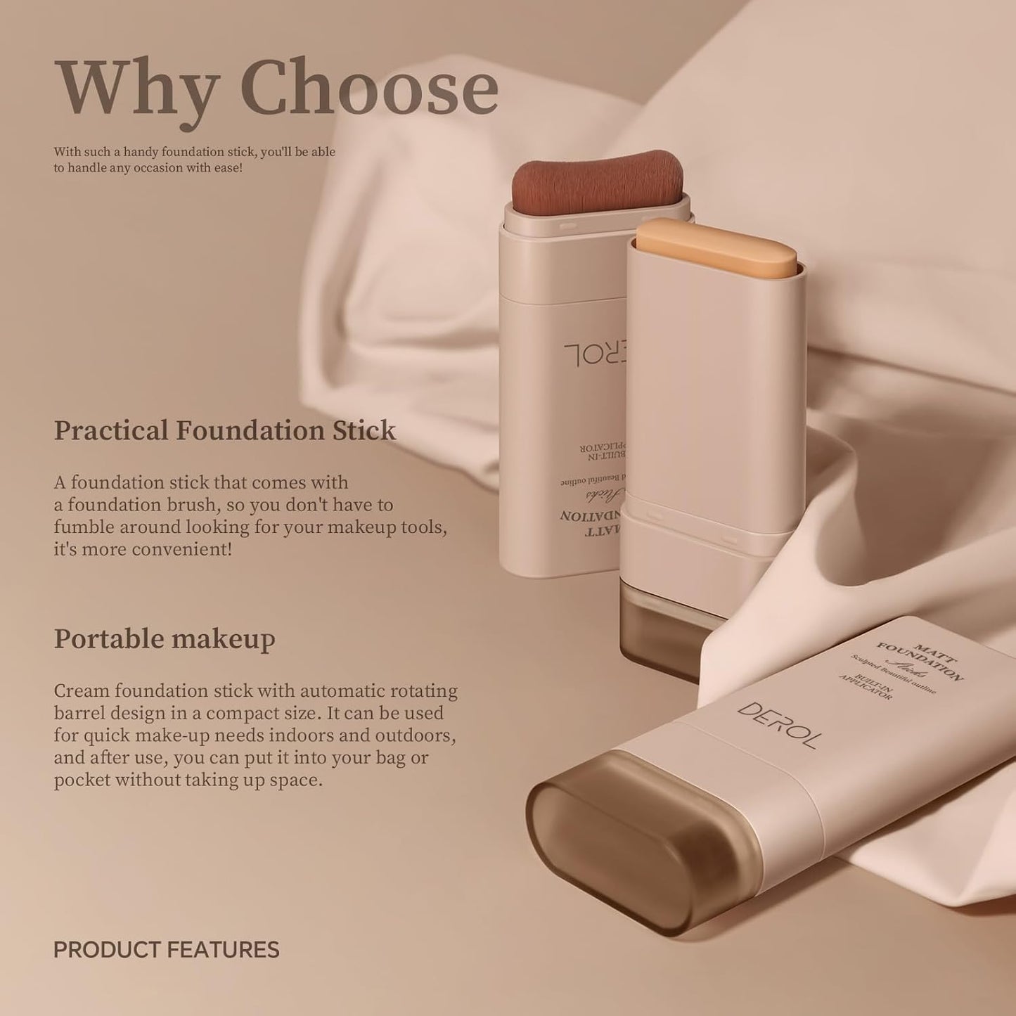 Multi-Use Foundation Stick Makeup with Brush,High Coverage Blendable Lightweight Contour Stick,Waterproof Flawless Natural Finish Creamy Foundation Makeup,Longwear Face Makeup Stick(#3)