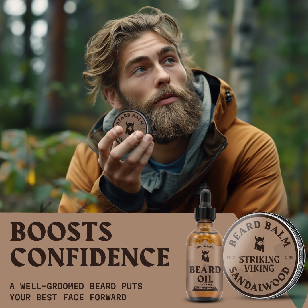 Striking Viking Beard Oil and Balm - Men's Beard Grooming Kit with All-Natural Beard Oil and Leave in Beard Balm Conditioner - Enriched with Argan and Jojoba Oil, Sandalwood