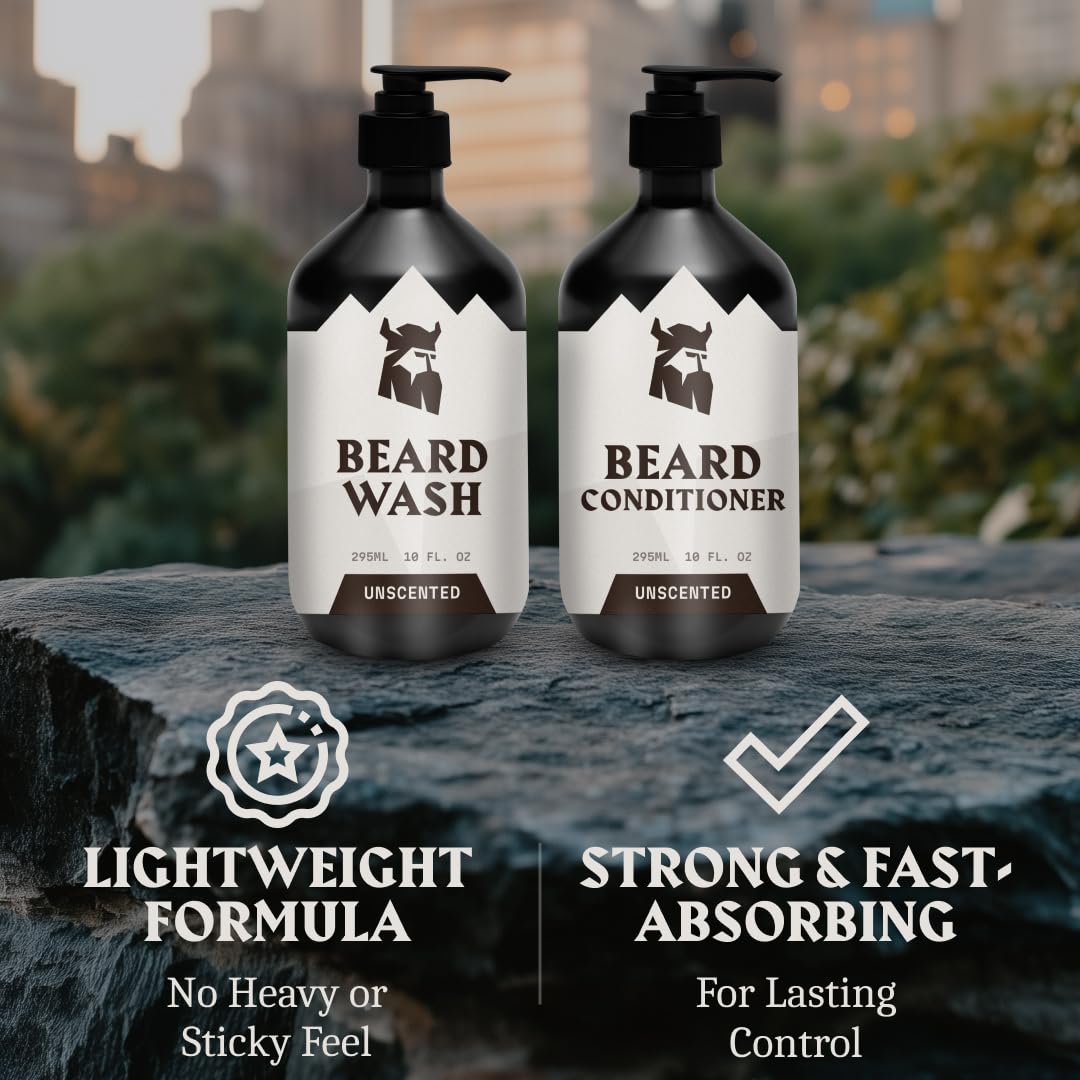 Striking Viking Unscented Beard Wash & Conditioner - 10 Fl Oz, Pack of 2 - Deep Cleansing Oil Formula - Fragrance-Free Beard Wash - Soothing Jojoba Oil Softener