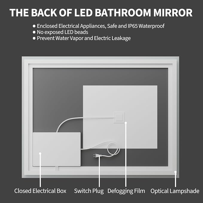 Koonmi 40"x30" LED Mirror for Bathroom, 90CRI Anti-Fog Vanity Mirror - Image 8
