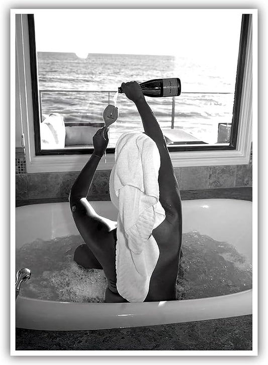 Trendy Black and White Posters Funny Woman Drinking Wine in Bathtub Wall Art by Acqooeakt