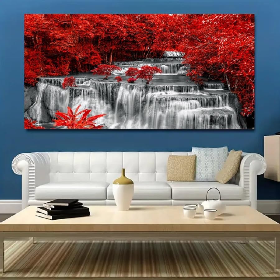 Yxbhhym Large Black and White Decor Waterfall Canvas Wall Art Red Tree Wall - Image 2
