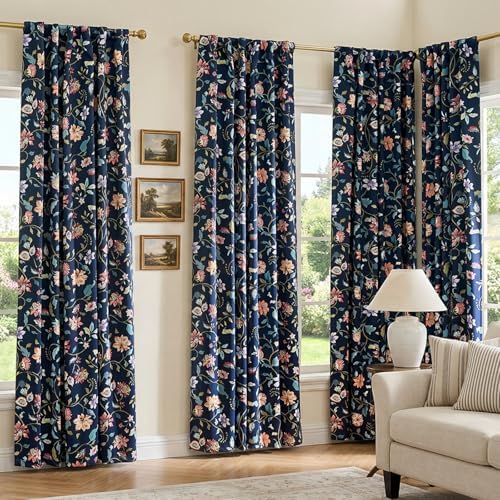 jinchan Dark Blue Floral Blackout Curtains 84 Inch Back Tab 2 Panels - Image 4