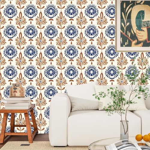 BOKEBEVE Boho Floral Peel and Stick Wallpaper Beige Brown 17.5 x 118In - Image 3