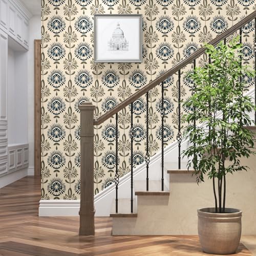 BOKEBEVE Boho Floral Peel and Stick Wallpaper Beige Blue 17.5 x 78.5In - Image 5