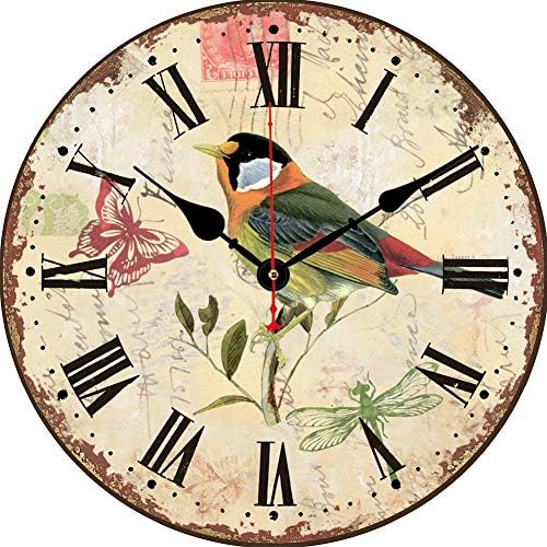 Colorful Bird Silent Wall Clock 14 Inch Battery Roman Numeral Wood by BERYART