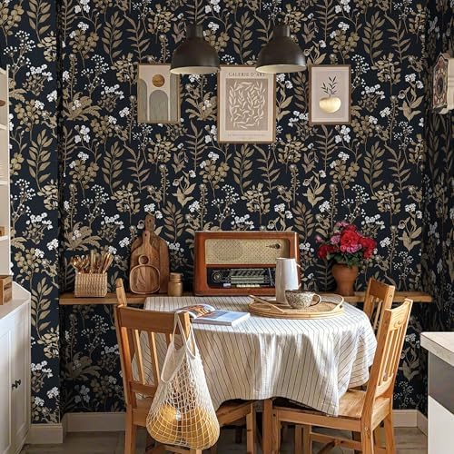 Black and Gold Peel and Stick Wallpaper Moody Dark Floral Contact Paper - Image 5