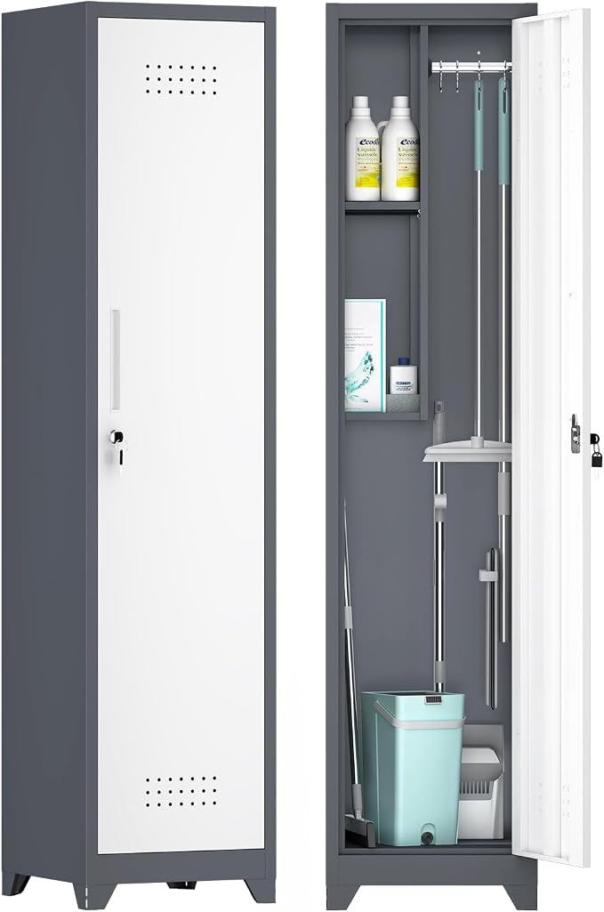 GREATMEET Slim Locking Metal Garage Storage Cabinet, Tall Steel Narrow Broom by GREATMEET