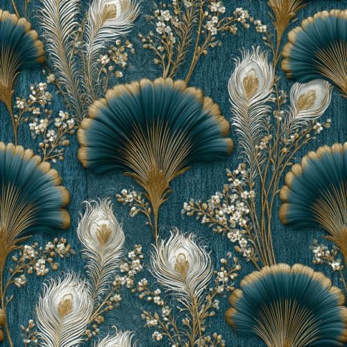 Stickorama Teal Gold Peacock Feather Floral Peel and Stick Wallpaper Self by Unknown