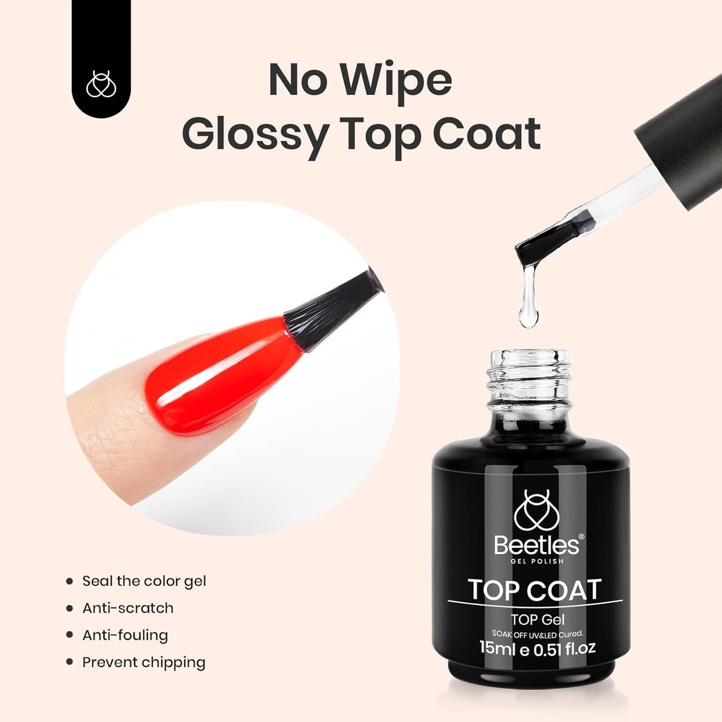 Beetles Matte Top Coat 2 Pcs 15ml No Wipe Gel Glossy Nail Polish Shine Effect Long Lasting Soak Off UV LED Nail Lamp