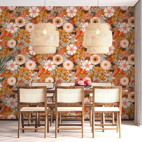HAOKHOME Boho Wallpaper Peel and Stick Floral Retro Orange Pink Colorful - Image 2