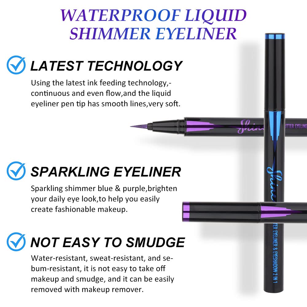 evpct 2Pcs Royal Blue & Purple Glitter Colored Liquid Eyeliner Eye Shadow Makeup Pencil Set, Purple Blue Face Body Glitter Makeup Fake Eyelashes Mascara, Sparkle Metallic Shimmer Eyeliner Waterproof