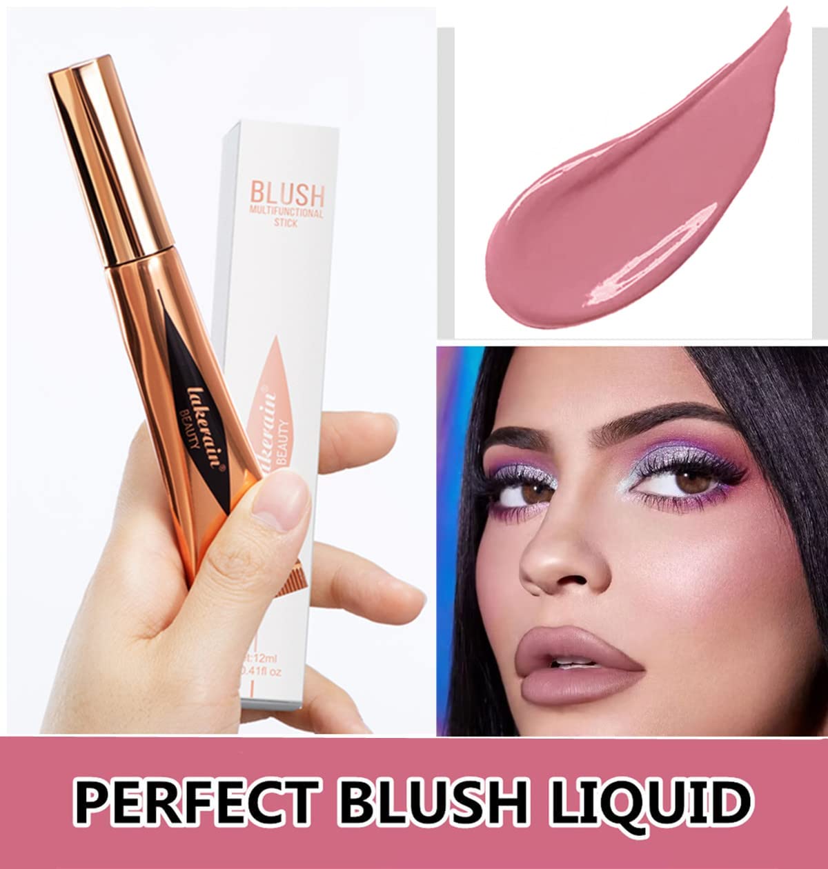 Go Ho Liquid Blush Beauty Wand,Soft Cream Blush Makeup,Liquid Face Blush Stick Contouring with Cushion Applicator,Easy to Blend & Long Lasting & Smooth Natural Dewy Finish,02 Happy Rose Blush