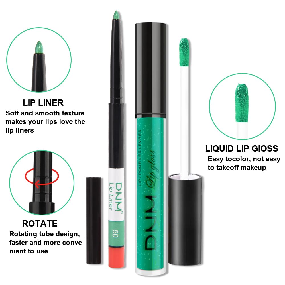 evpct 2Pcs Green Shimmer Glitter Shiny Liquid Lipstick Lip Gloss Stain and Retractable Lip Liner Makeup Set for Women Long Lasting Waterproof 24 Hours Lipstick labial mate larga duracion 24 50#