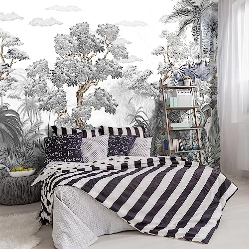 -Tropical Rainforest Botanical Grey Jungle Forest Fabric Wallpaper Living Room by YIHWM-PurchaseNow
