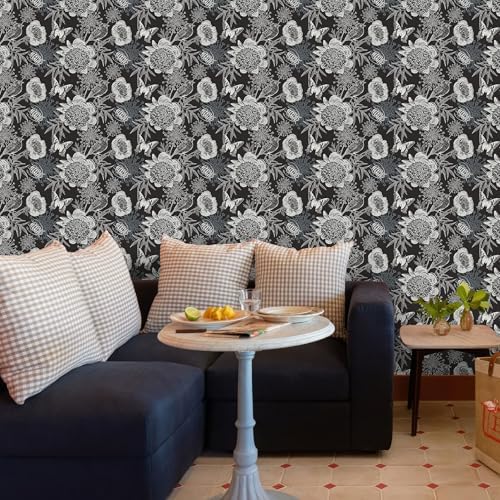 FLFK Peel and Stick Wallpaper Floral Birds Black Wallpaper 16" x 256" - Image 5