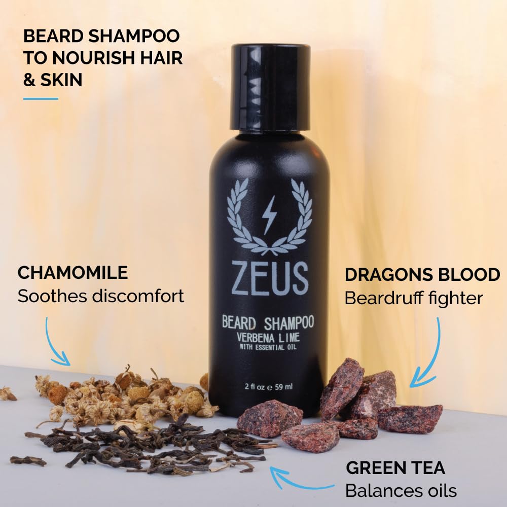 ZEUS Travel Beard Shampoo & Conditioner Combo for Men, Grooming Set with Green Tea & Essential Oils, Softens, Hydrates & Moisturizes Facial Hair (Made in USA) Sandalwood