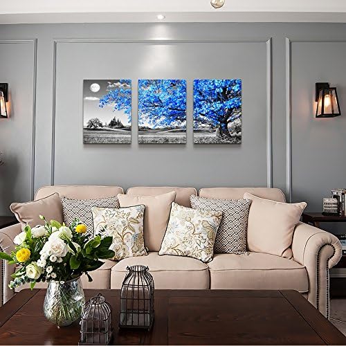 Wall Art For Living Room Black And White Blue Tree Moon Canvas Wall Decor For - Image 3