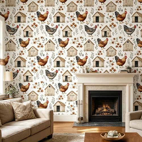 BOKEBEVE Farmhouse Wallpaper Peel and Stick Chicken Cottage 17.5 x 118In - Image 6