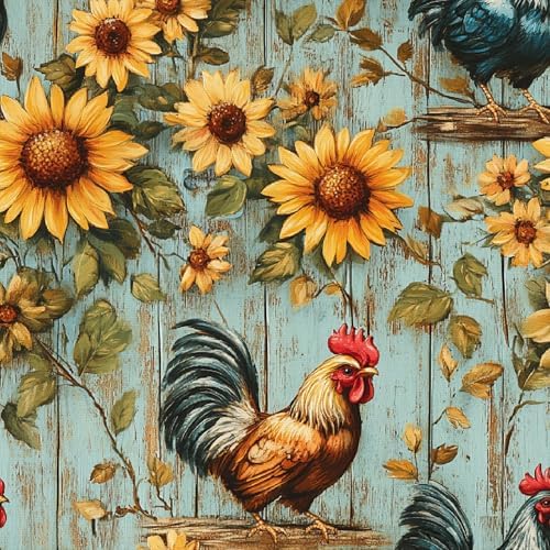 Sunflowers Rooster Peel and Stick Wallpaper 3D Printed Wood Vintage by Unknown