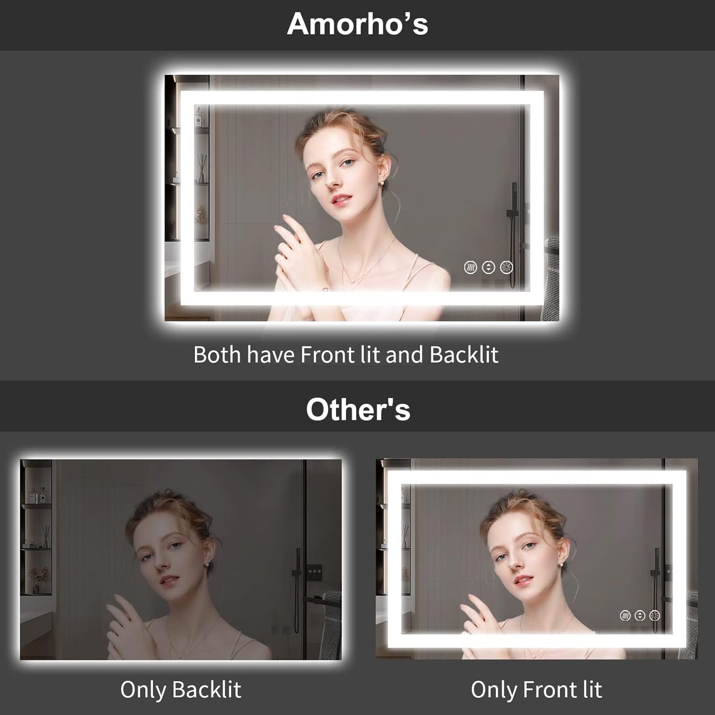 Amorho LED Bathroom Mirror 55''X36'' with Front and Backlight, Large Dimmable Wall Mirrors with Anti-Fog, Shatter-Proof, Memory, 3 Colors, Double LED Vanity Mirror