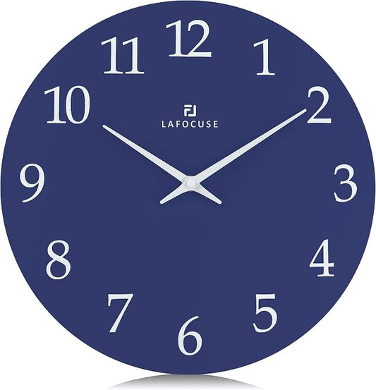 Lafocuse 12 Inch Wooden Navy Blue Wall Clock Battery Operated, Simple by VisiteLafocuse