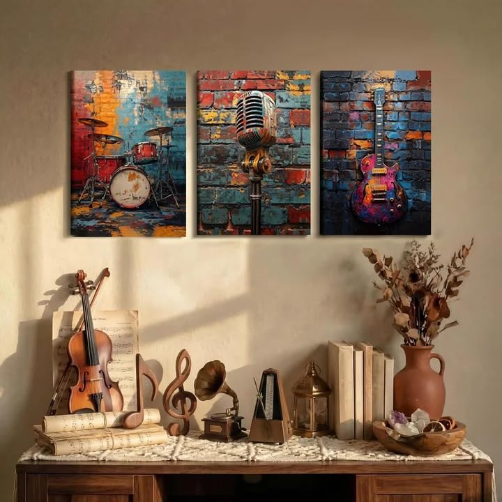 NCCXNCC 3pcs Music Graffiti Canvas Wall Art 12×16 inch Framed Paintings - Image 2