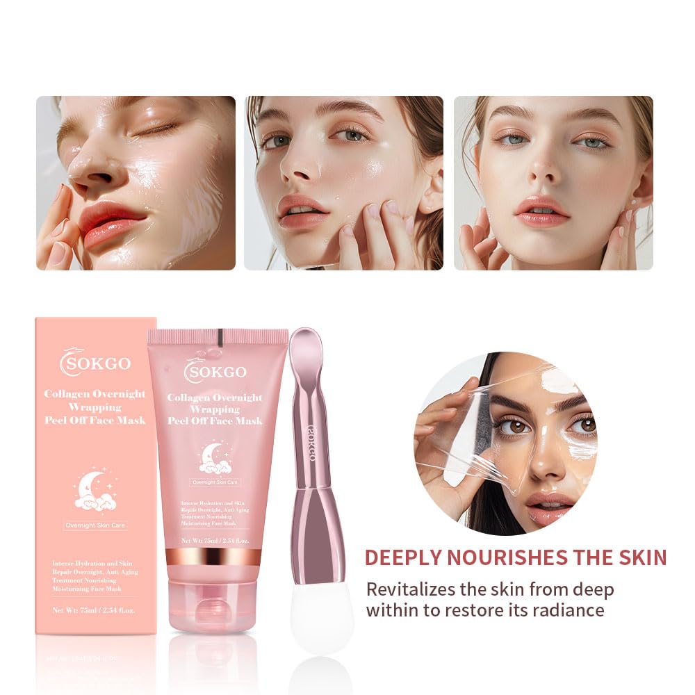 Collagen Overnight Wrapping Mask, Intensive Hydration Anti Aging Overnight Skin Treatment, Boosts Elasticity and Firmness, Revitalizes Dull Skin Reduces Fine Lines and Wrinkles (1PCS)