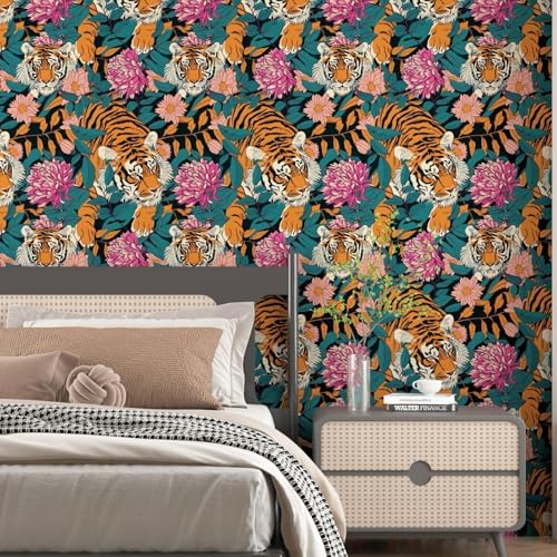 BOKEBEVE Tiger Floral Wallpaper Peel and Stick Vintage Orange 17.5 x 787In - Image 4