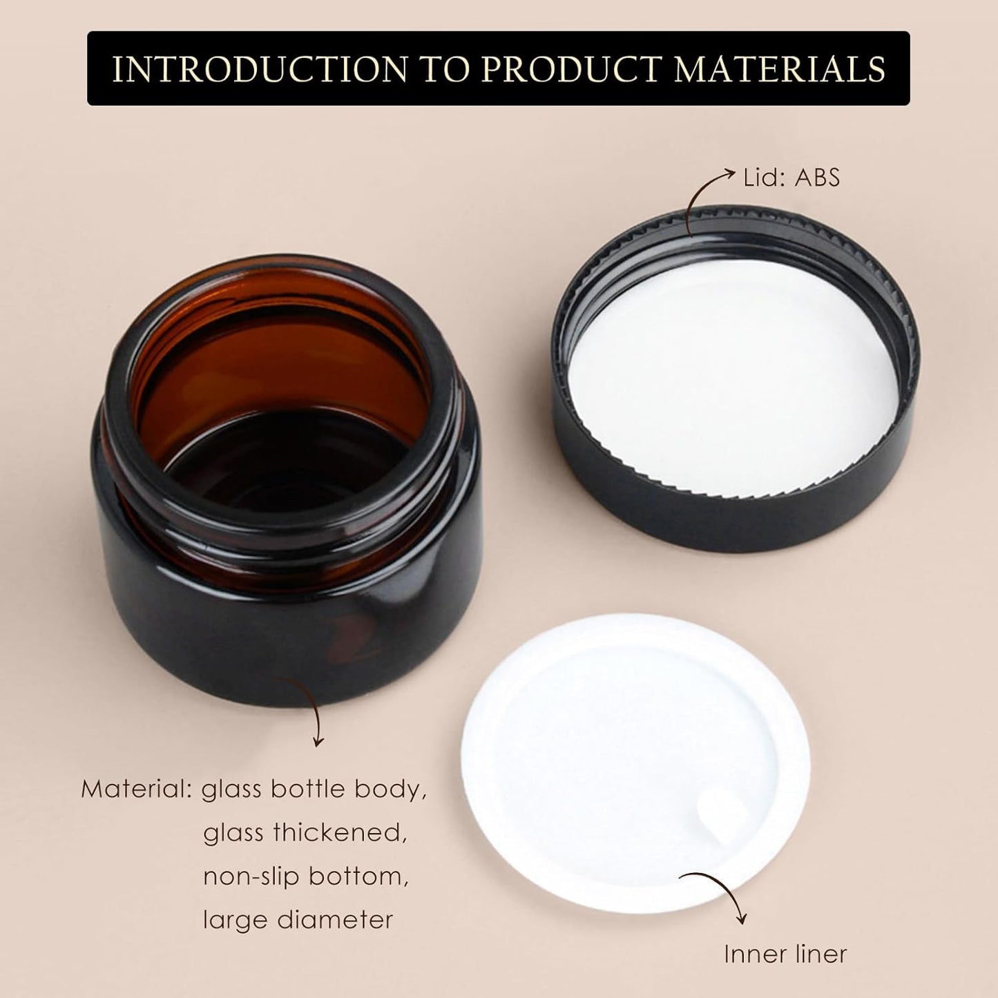 Lil Ray 2 Oz Glass Cream Jars with Black Lid, Empty Amber Glass Containers, Refillable Cosmetic Vials for Lotion, Ointment (12 PCS)