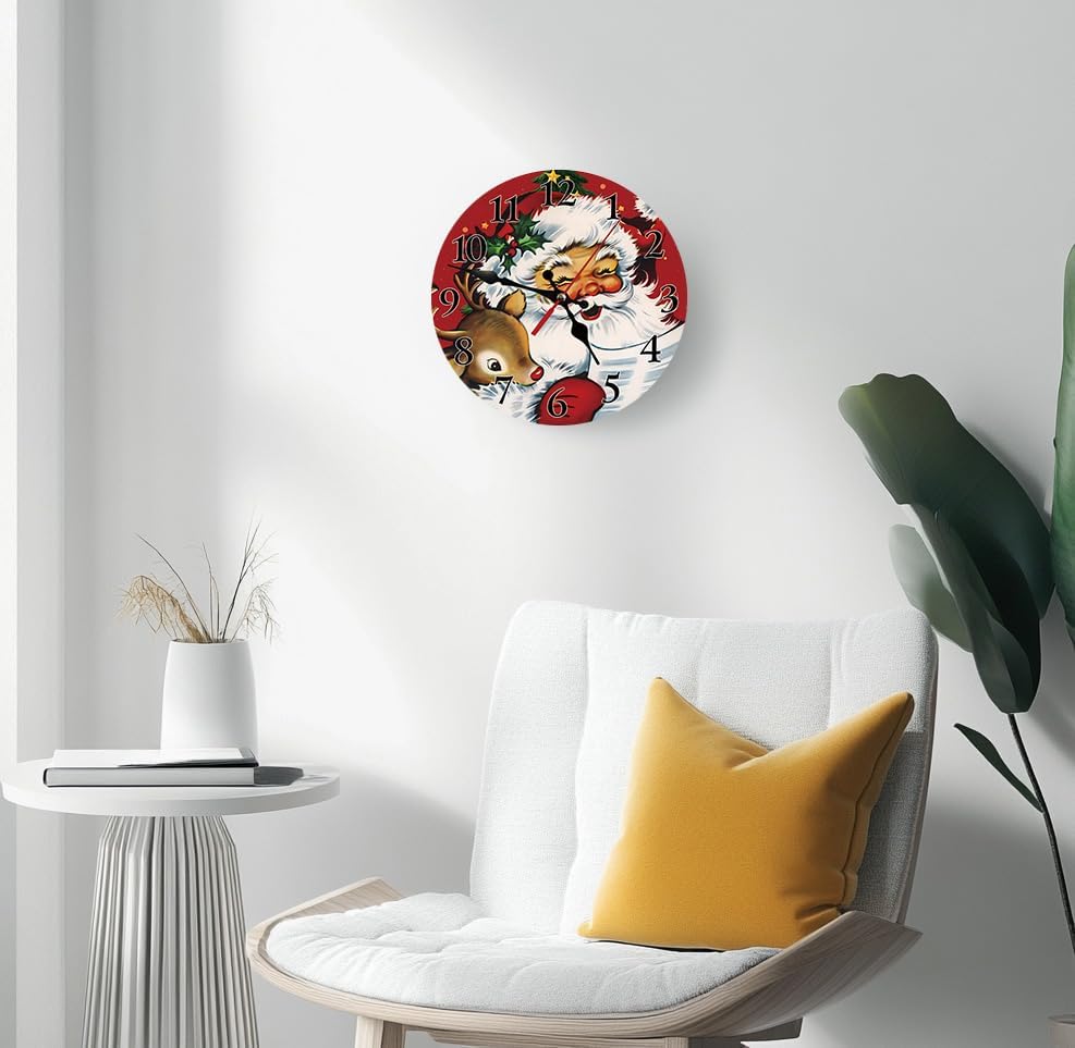 Christmas Vintage Santa Claus and Reindeer Wall Clock, Silent Non Ticking Round - Image 5