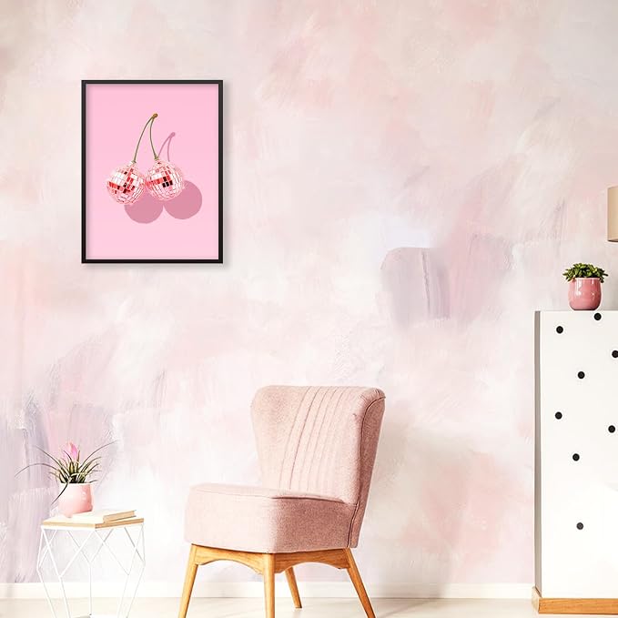 Funky Pink Cherry Poster Retro Disco Ball Canvas Wall Art 12X16 inch Black - Image 6