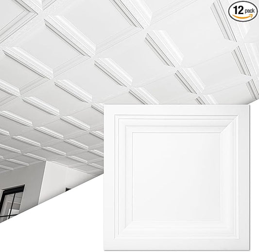 Art3d 12-Pack Square Drop Ceiling Tile 2ft x 2ft in White, PVC Ceiling Panel 24 by Art3d