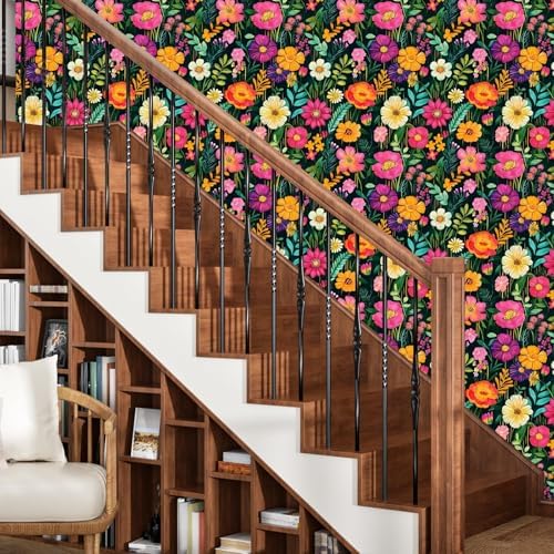 BOKEBEVE Floral Wallpaper Peel and Stick Boho Green Colorful 17.5 x 118In - Image 5