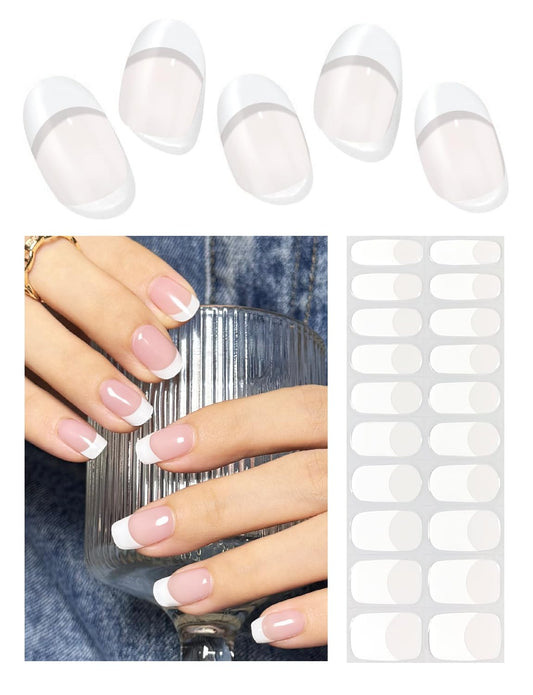 Semi Cured Gel Nail Strips | Classic French 20pcs Semi Cured Gel Nails Sticker | Gel Nail Wraps UV for Home Nails DIY (Nude Transparent)